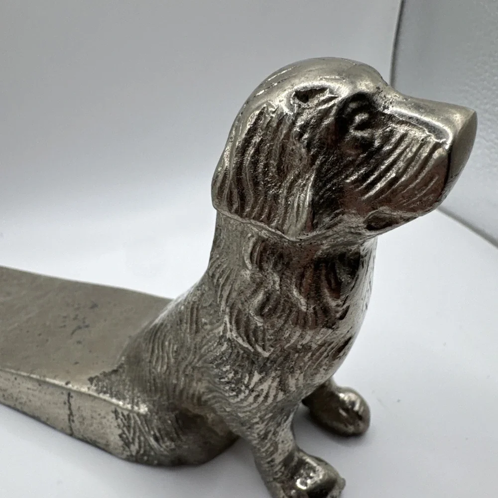 Vintage Metal Dog Doorstop Retriever Wedge Silver Tone
